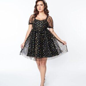 Black Gold Star Mesh Babydoll Belle Dress (XS/2)